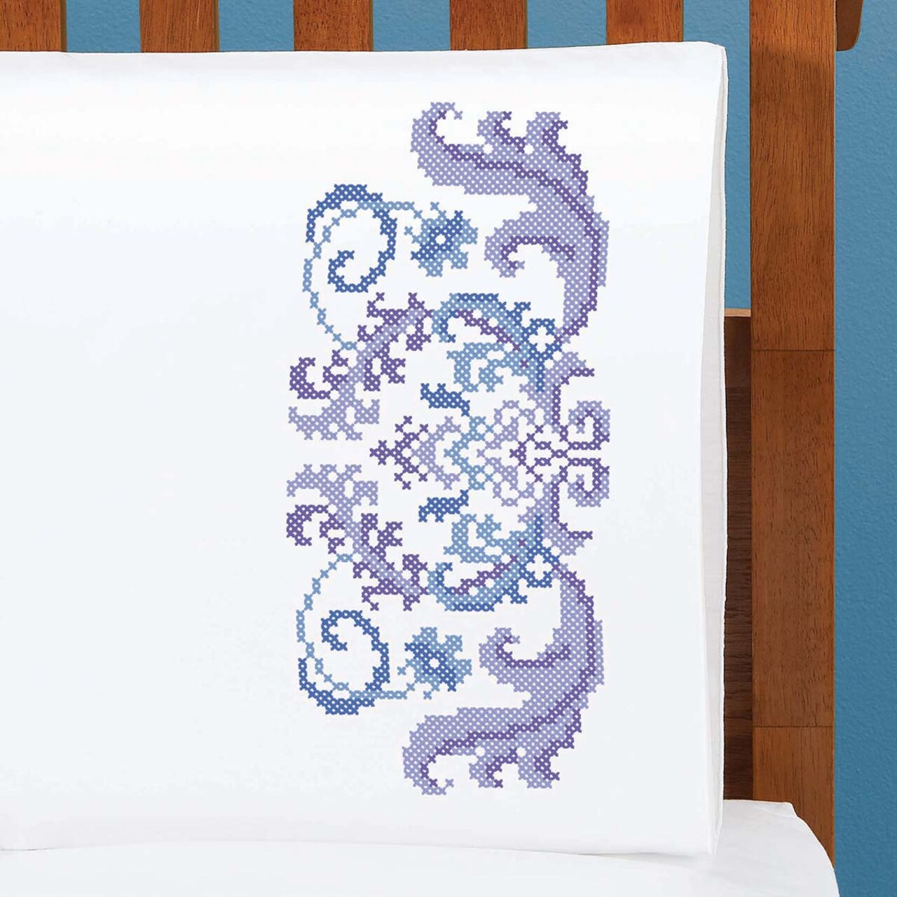 Herrschners Purple Brocade Pillowcase Pair Stamped Cross-Stitch